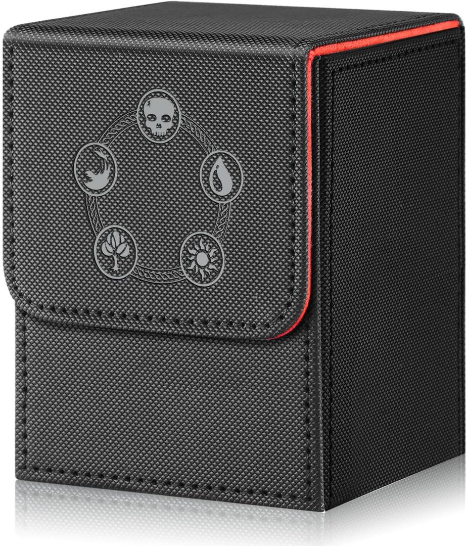 Card Deck Box for Trading Cards,Card Storage Box Fits 120+ Single Sleeved Cards, PU Leather Strong Magnet Card Deck Case Holder for Magic Commander TCG CCG (Black-RED)