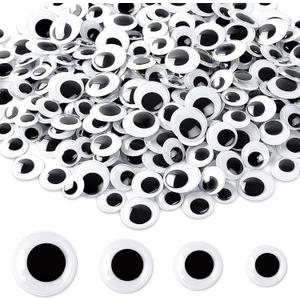 UPINS 300 Pcs Round Plastic Black Googly Wiggle Eyes Self-Adhesive Large Size 15 mm 18 mm 20 mm 25 mm