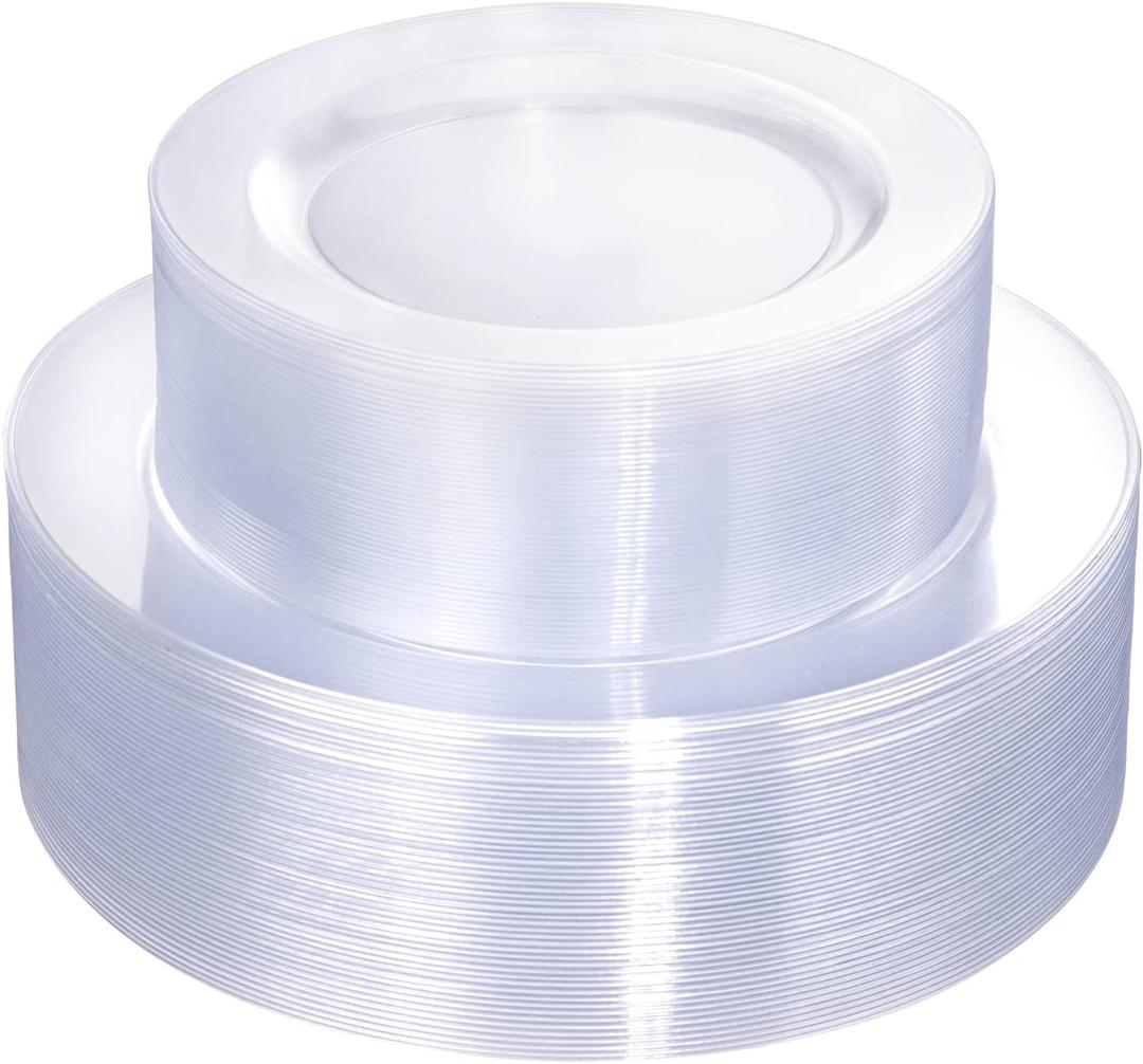 FLOWERCAT 100PCS Clear Plastic Plates - Heavy Duty Clear Disposable Plates for Fall Party/Wedding/Christmas - Include 10inch & 7inch Dinner/Dessert Plates for 50guests