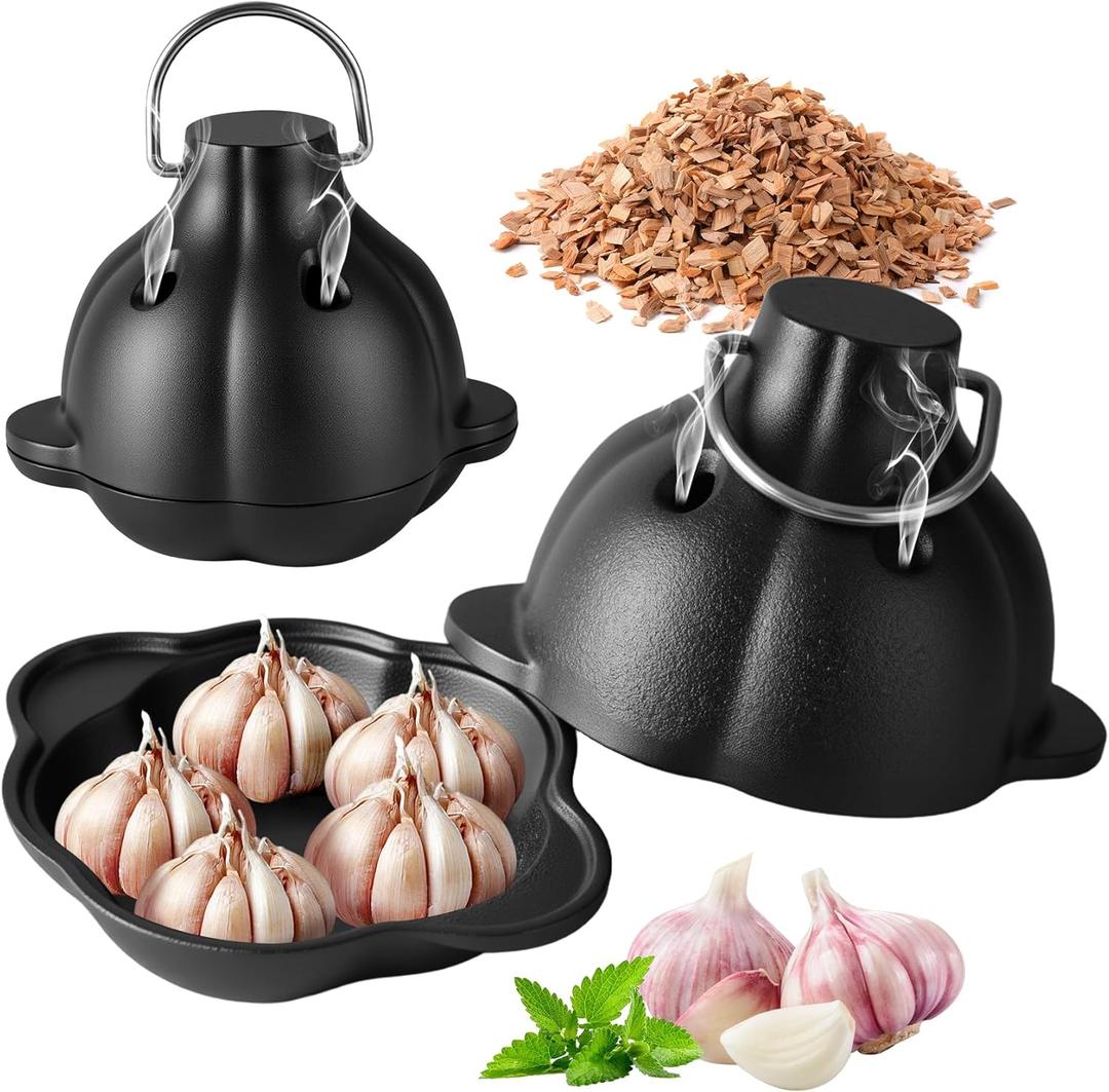 Garlic Roaster, Pre-Seasoned Cast Iron Smoker Garlic Roaster, Versatile Heavy Duty Garlic Roasting Pot, Outdoor Smokers Baker with Lid, A Must-have Garlic Cooker for Oven for Picnic, Camping, BBQ