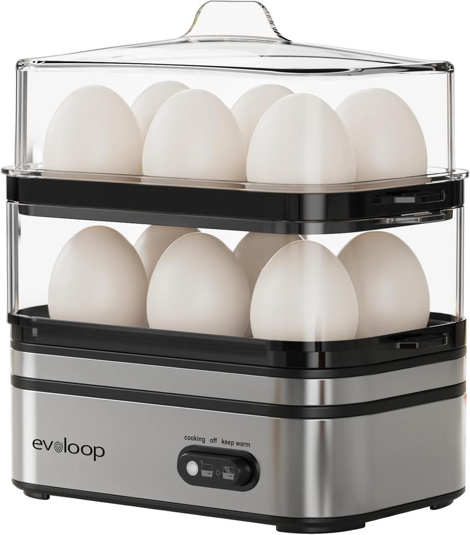 Evoloop Rapid Egg Cooker Electric 12 Eggs Capacity, Soft, Medium, Hard Boiled, Poached, Omelet Maker Egg Poacher & Vegetable Steamer, BPA Free Tray (Silver)