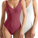 SUUKSESS Women 2 Piece Thong Bodysuit Sexy V Neck Backless Sleeveless Tank Tops (Medium, 01 Pack (Maroon & White))