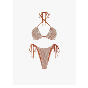 ZAFUL Women's Bikini Set Fishnet Triangle Tie Convertible Collar Halter Bandeau Shell Two Piece Bathing Suit, Size Smal