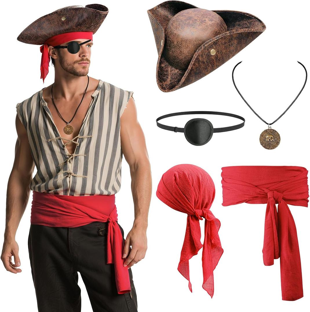 5PCS Pirate Costume Accessories Set for Men Halloween Pirate Hat Tricorn Hat, Bandana, Sash, Eye Patch, Necklace (Red)