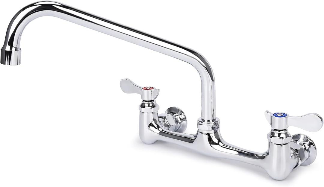 Wall Mount Kitchen Faucet 8" Center Commercial Sink Faucet with 10" Swivel Spout Dual Handles Brass Utility Sink Faucet for Laundry Room Restaurant Polish Chrome