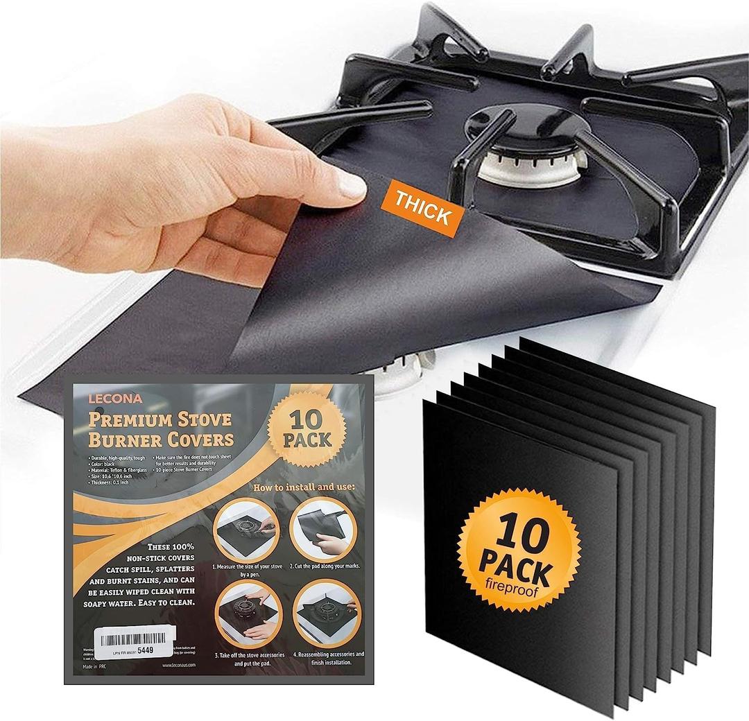 10 pack, gas stove protector, stove burner liners, stovetop range protectors, set top burner covers black, size 10.6 x 10.6 non stick reusable cover easy to clean, double thickness