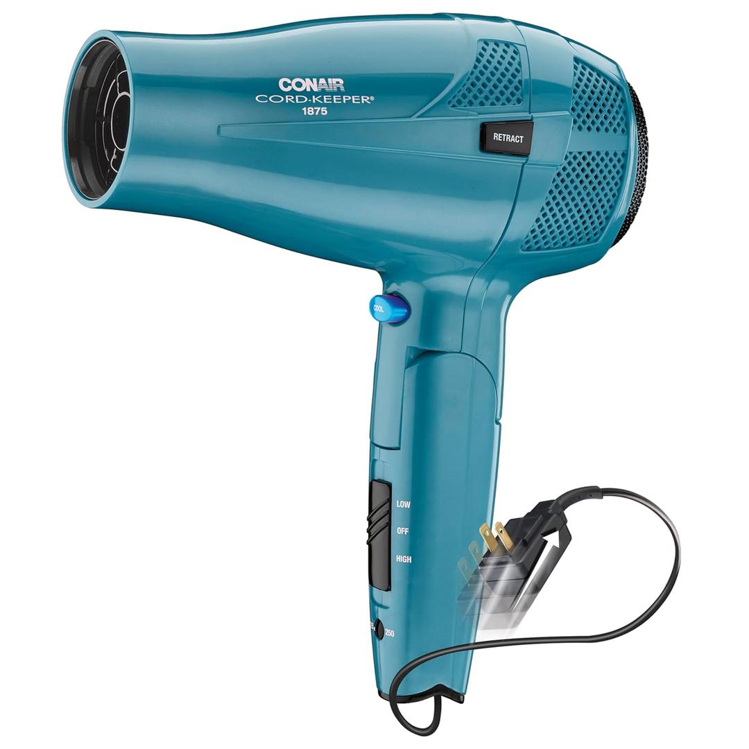 Conair CordKeeper Dryer with Folding Handle and Retractable Cord, 1875W Travel Hair Dryer, Ionic Technology, Teal