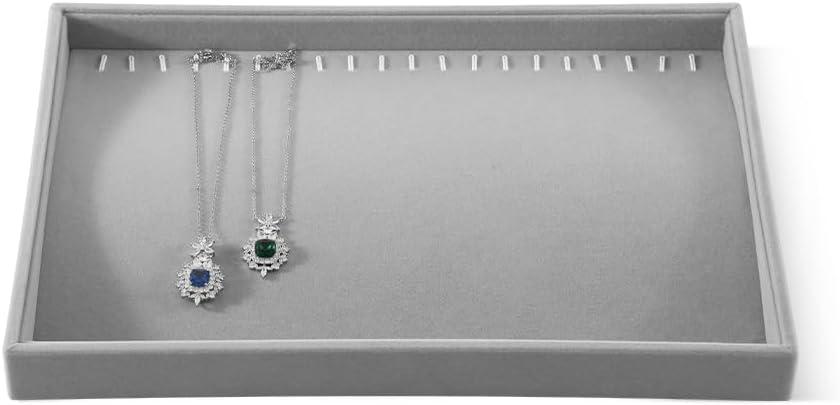 Velvet Jewelry Display Tray For Bracelet Pendant Necklace, Multi-Slot Stackable Storage Tray For Long Chain Jewelries, Drawer Insert Jewelry Organizer (Gray)