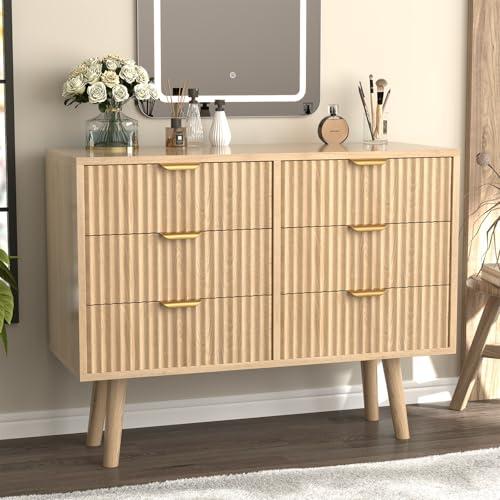 SFDOU Wooden Fluted Dresser for Bedroom,Modern Wide Chest of 6 Drawers Dressers for Bedroom Furniture,Wood Drawer Dresser with Storage, Easy to Assemble Dressers for Living Room,Hallway