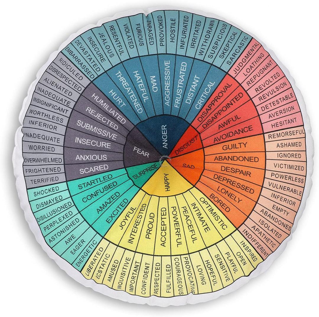 Wheel of Emotions Feelings Pillow Round Throw Circle Seating Floor Cushion Comfortable Round Pillow Floor Cushions Mat for Therapist Counseling Office Home Sofa Decor (Dark Colors,20 x 20 Inch) (1 Count (Pack of 1))