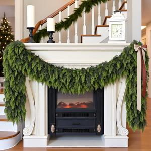 9 Ft Christmas Cedar Garland: Artificial Real Touch Soft Thick Green Garlands Decorations for Outdoor Indoor Home Front Mantle Fireplace Holiday Party Decor