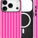 Magnetic for iPhone 17 Pro Case Cute Stripes Phone Case, Shockproof Slim TPU and Hard PC Protective Phone Cover Compatible with MagSafe Designed for Women Girls, Deep Pink