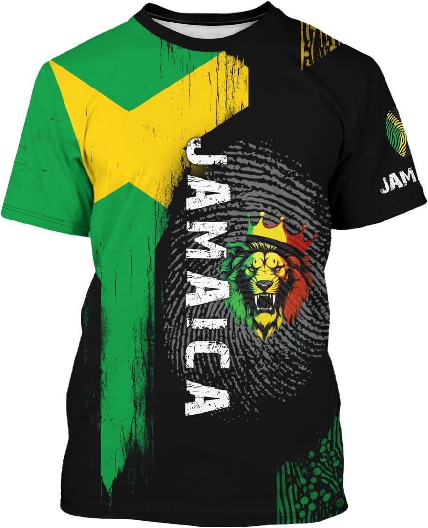 Men's Jamaican Flag T-Shirt Lion Print Short Sleeve Shirt Novelty Round Neck Top Jamaican Tee Unisex, Small