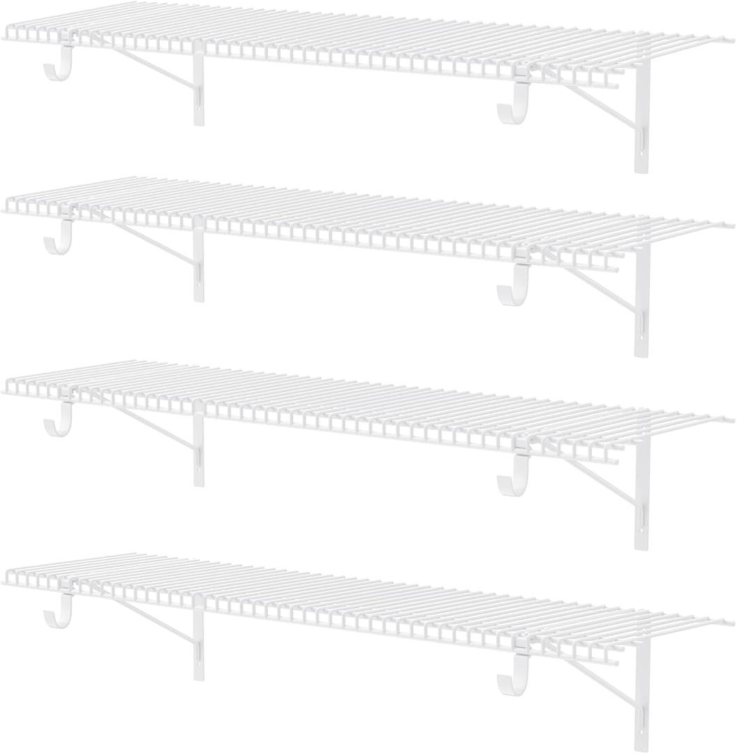 4 Pack Closet Shelves with Triangular Brackets, 4FT X 12IN Wall Mounted Wire Shelving Orgnizer for Closet,Laundry Room,Load Up to 150lb, White