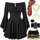 Pirate Costume Women with Off Shoulder Dress Gold Sequin Belt Accessories Halloween Set Costume L