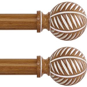 2 Pack Wood Curtain Rods 18 to 60 Inch,1 Inch Boho Adjustable Curtain Rod,Imitation Wood Grain Leaf Window Curtains Rods,Farmhouse Rustic Heavy Duty Drapery Poles,Brown Drapery Rod Set 18-60"