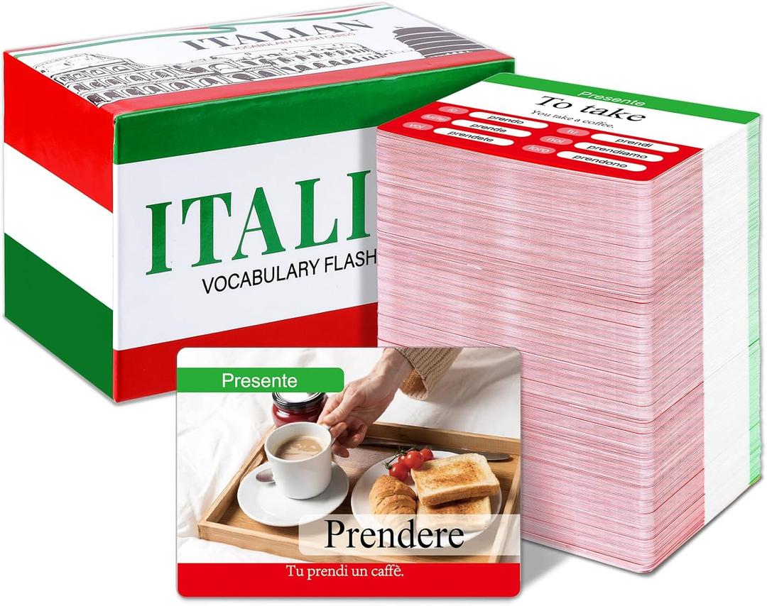 gisfim 300 Pcs Italian Vocabulary Flash Cards Beginner Vocab with Pictures Italian Verb Conjugation Present Tense Memory & Sight Words Essential Translations Learn Language Cards in A Fun & Easy Way