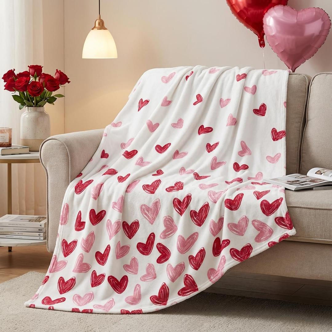 Horaldaily Valentine Flannel Blanket Throw, White Love Heart Painting Soft Fuzzy Plush Cozy Fleece Blankets for Couch Sofa Bed Lounging, Ideal Gifts for Kids Adults Wife Self, 50x60