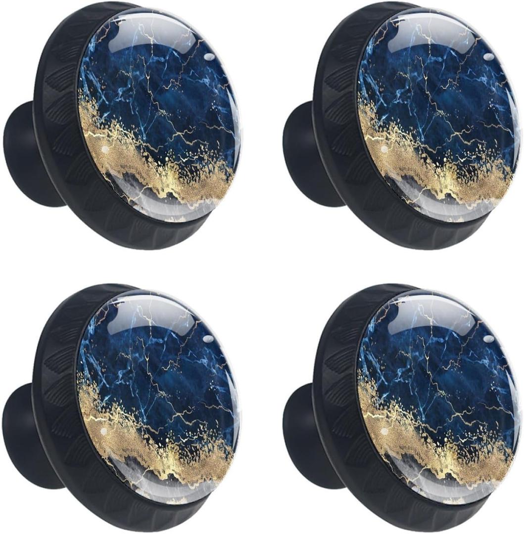 4 Pack Cabinet Knobs Navy Blue Black Marble, Glass Dresser Drawer Pulls Furniture Hardware Cupboard Wardrobe Handles for Multicolored 3.5x2.8CM/1.38x1.10IN