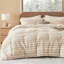 Bedsure Fluffy Queen Comforter Set - Ultra Soft Plush Shaggy Plush Fleece Stripe Bed Set Queen Size, Warm Flannel Fleece Bedding for Winter, 1 Beige Comforter (90"x90") and 2 Pillowcases (20"x26")