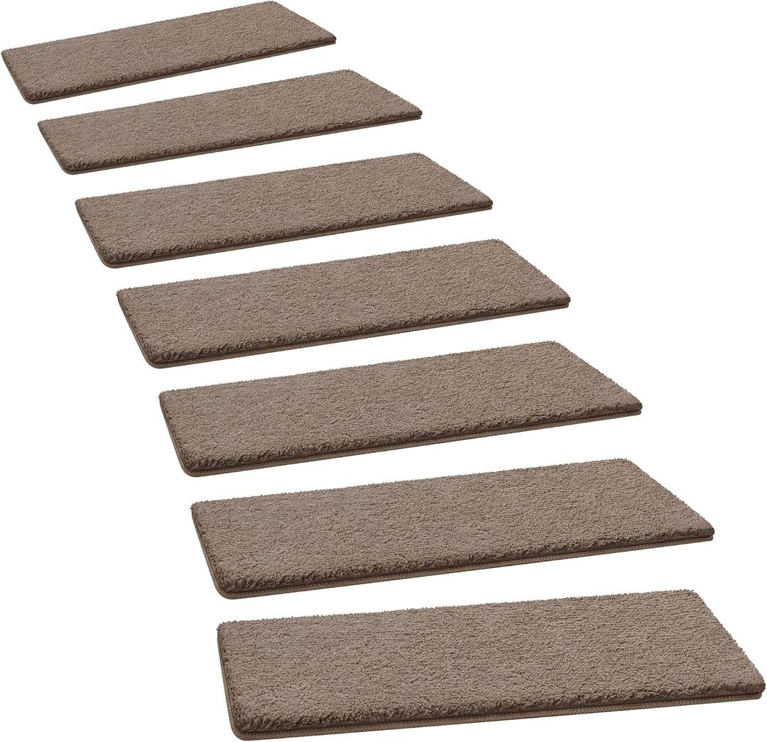 PURE ERA Carpet Stair Treads Ultra Plush 8" X 30" Soft Indoor Stair Protectors Pet-Friendly Non-Slip Skid Resistant Tape Free Washable Reusable(14 Pieces, Brown)