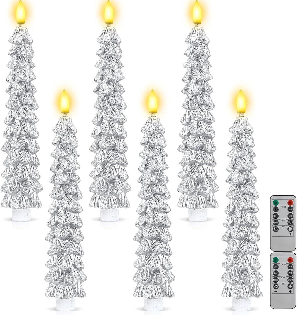 Funtery 6 Pcs LED Christmas Tree Flameless Taper Candles Real Wax Battery Operated Candlestick Lights with 3D Flame and Remote Timer Window Fireplace(Silver,Christmas Tree)