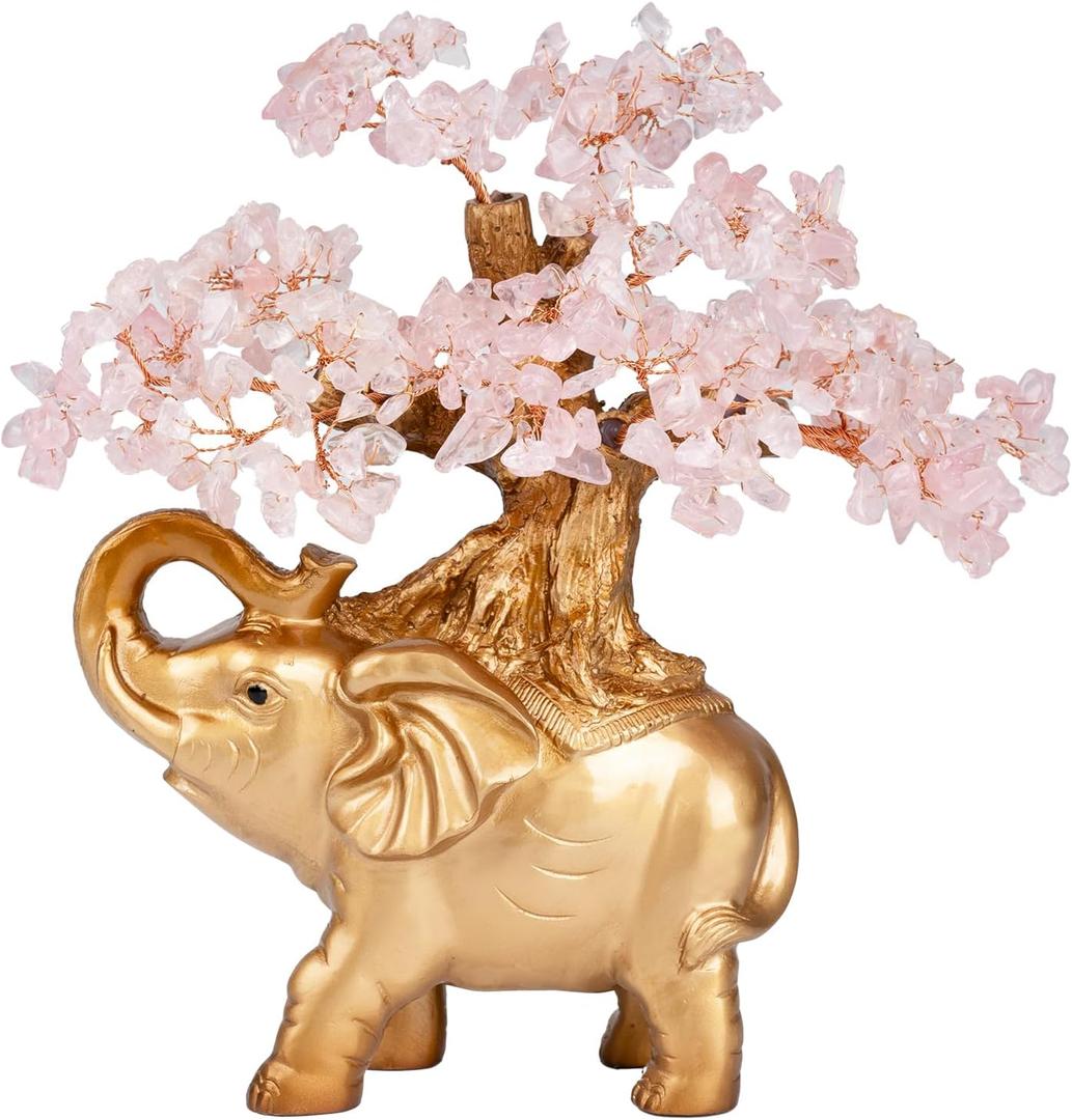 Rose Quartz Crystal Money Tree on Gold Mini Elephant Statue, 10Gemstone Bonsai Tree of Life Home Dcor Gifts for Wealth Positive Energy, Feng Shui Dcor