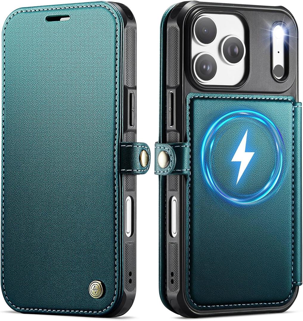 for iPhone 17 Pro Case Wallet Compatible with Magsafe, Slim PU Leather Flip RFID Blocking Card Holder Stand Shockproof Magnetic Women Men Wallet Phone Case Cover for iPhone 17 Pro, Blue Green