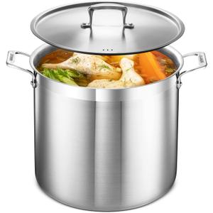 Stainless Steel Stockpot with Lid 20 Quart, Durable 18/8 Stainless Steel, Impact-Bonded Base for Even Heating, Riveted Handles, Oven & All Stove Compatible, Safe Up To 500F (260C)