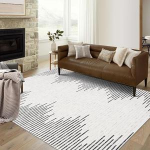 JOLENE.K 9x12 Rug Washable Rugs for Living Room Modern Minimalistic Striped Area Rug for Bedroom Distressed Office Carpet Low Pile Neutral Soft Nursery Rug Non Slip Farmhouse Floor Cover Off White