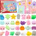 28 Pack Valentines Day Gifts for Kids, Kawaii Mochi Squishies Party Favor Set with Valentines Animal Greeting Cards for Kids, Valentine's Day Classroom Exchange Gifts Set, School Prizes Party Favor