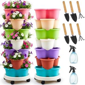 Umigy 2 Set Multicolor 7 Tier Stackable Vertical Planters with Removable Wheels and Tools Tower Planters Strawberry Herb Flower Vegetable Pots Indoor Outdoor Gardening Pots