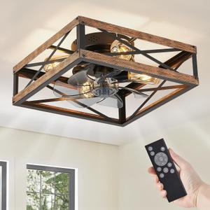 LEDIARY Caged Low Profile Ceiling Fans with Lights and Remote, Rustic Square Flush Mount Ceiling Fan, 6 Speed and Reversible, Small Farmhouse Bladeless Ceiling Fan for Bedroom, Kitchen, Dining Room, 16 Inch