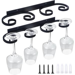 Wenqik 2 Pcs Wall Mounted Wine Glass Rack Stemware Glasses Holder Metal Black Wire Wine Cup Hanger Holder for Stemware Storage Organizer Bar Kitchen (15.12 Inch)