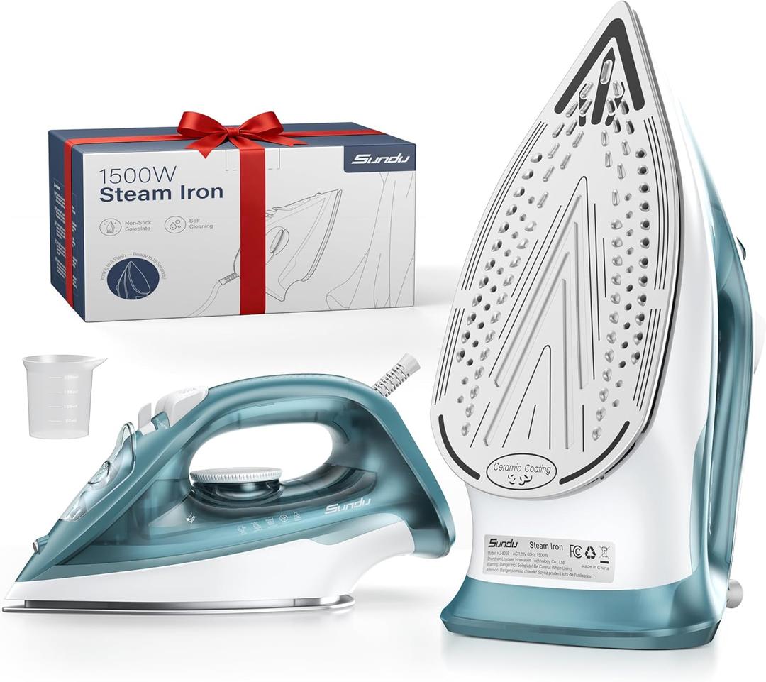 Sundu 1500W Self-Cleaning Iron for Clothes with Auto Shut-Off, Ceramic Coated Soleplate and 12oz Water Tank, Burst Steam for Fast Wrinkle Removal, Precise Thermostat, Green
