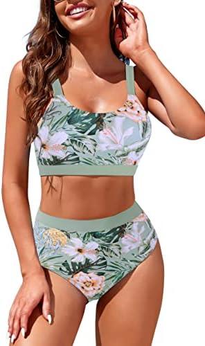 Womens High Waisted Bikini Sets Sporty Crop Top Color Block Swimweasw Bandeau Scoop Neck Vintage Two Piece Bathing Suits, size Large