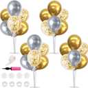 TONIFUL 4 Table Centerpiece Balloon Stand Kit Include Silver Gold Latex Confetti Balloons for 2025 Graduation,New Years 2025,Birthday,Retirement, Christmas, Anniversary Table Party Decoration