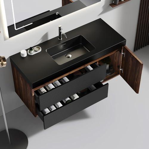KEIKI 48" Pre-Assembled Single Sink Bathroom Vanity,Modern Wall-Mount Walnut Wood Vanities with Black Integrated Granite Sink & 2 Drawers, 1 Storage Cabinet,Brown