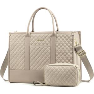 LOVEVOOK Laptop Bags for Women, 15.6 inch Waterproof Work Tote Bag with Clutch, Professional Teacher Computer Purse Lightweight Shoulder Bag Travel, Beige (Khaki)