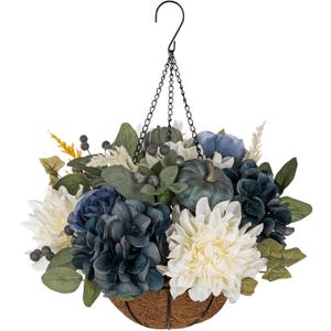 Hollyone 13" Fall Hanging Baskets Medium Pumpkins Hydrangea Dahlia Artificial Flowers Fall Hanging Decor Fake Flower Blue White Faux Plants Indoor Outdoor Porch Garden Autumn Decorations for Home