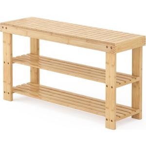 DUMOS Wooden Shoe Rack Bench, 3-Tier Bamboo Entryway Benches with Storage, Holds Up to 286 lb Storage Organizer, Suitable for Bedroom Living Room Balcony, 11.3 x 35.43 x 17.8 Inches, Natural Bamboo