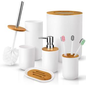 6 Pcs Bamboo and Plastic Bathroom Accessories Sets, Includes Toothbrush Cup, Toothbrush Holder, Soap Dispenser, Soap Dish, Toilet Brush with Holder, Trash Can, with 3 Pcs Toothbrushes (White)