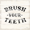 designed for bathroom decor, featuring a reminder to "BRUSH YOUR TEETH" in black text on a white shiplap-style background. 12"×12"