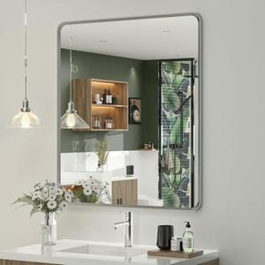 OKPAL 28 x 32 Silver Framed Mirror, Brushed Nickel Bathroom Mirror for Wall, Modern Rounded Rectangle Mirror, Brushed Silver Vanity Mirror, Anti-Rust, HD Glass (Horizontal/Vertical)
