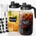 2 Pack Mason Jar Pitcher - Airtight & Leakproof Glass Pitcher with Lid, Perfect for Juice, Cold Brew, and Sun Tea - 2 Quart (64 oz) Mason Jar with Pour Spout Lid + Mixing Spoon, Brush, Labels