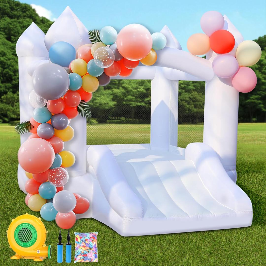 White Bounce House for Kids: Portable Inflatable Bouncy House with Blower for Indoor Outdoor Birthday Party, Wedding - Small Bouncy Castle with Slide and Storage Bag for Kids 3-6