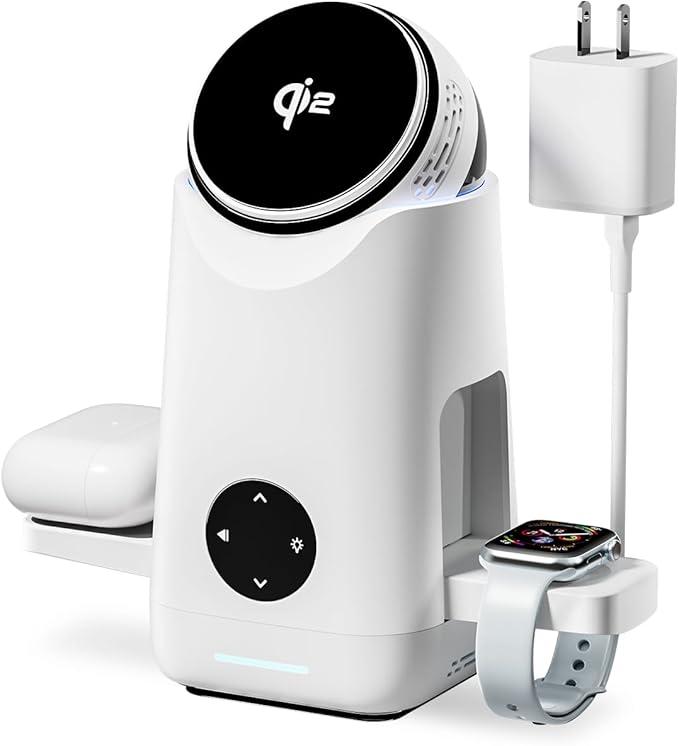 3-in-1 Charging Station for Apple & Samsung - Qi2 Certified 15W Rotating Wireless Mag-Safe Charger Stand for Apple - iPhone 17 16 15 14 13 12, AirPods, Apple & Galaxy Watch, Samsung S25 S24 Bud(White)