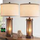 Set of 2 Farmhouse Table Lamps for Living Room with 2 USB Charging Ports, Vintage Rustic Nightstand Lamps with Amber Glass Nightlight, Retro Desk Lamps for Bedroom Entryway, 4 Bulbs Included (Brown)