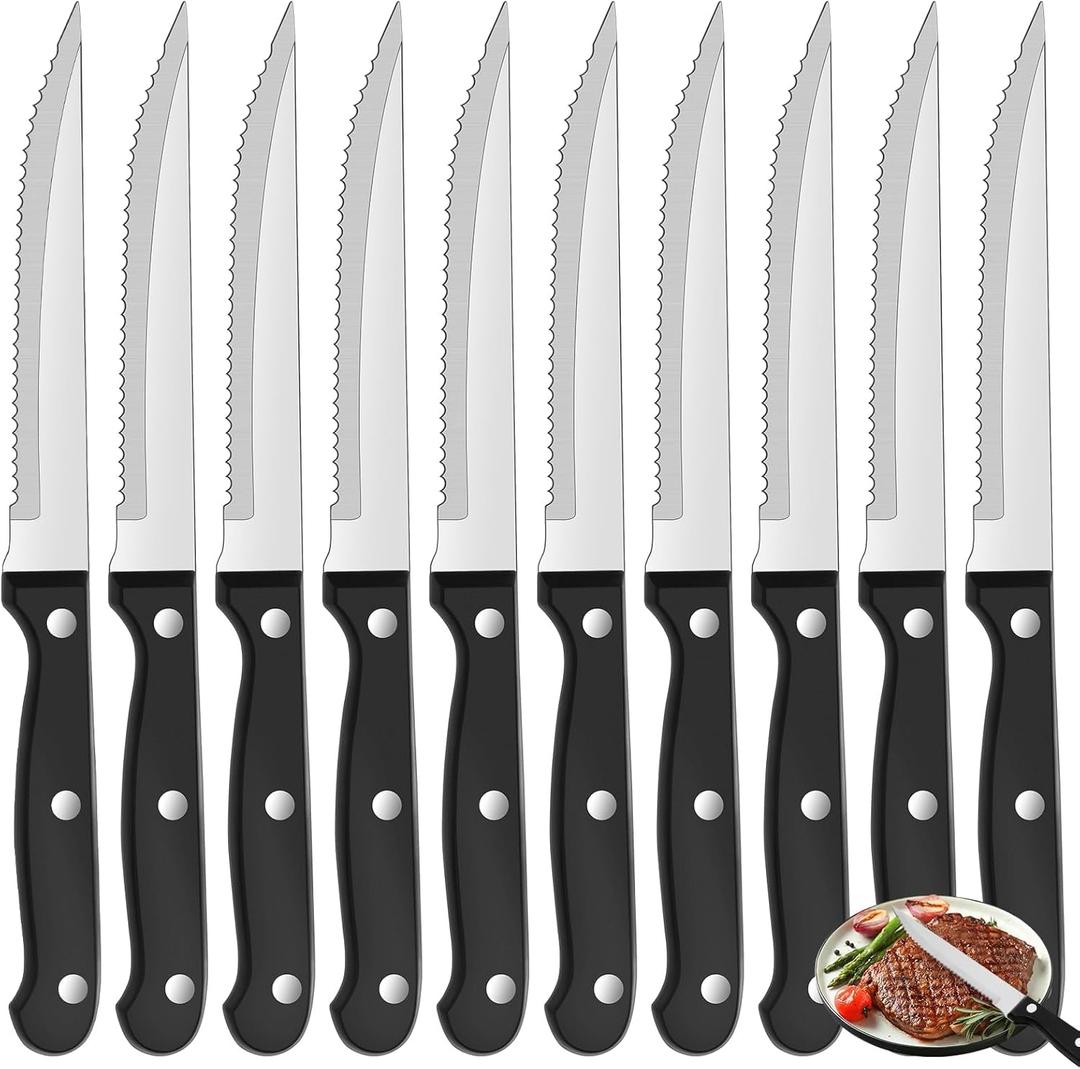 10 Piece Steak Knives, 8.2 Inch Stainless Steel Steak Knife, Ergonomic Handles Serrated Kitchen Knives, Sharp Triple Rivet Dinner Knife for Kitchen Restaurant Camp, Dishwasher Safe (Silver)