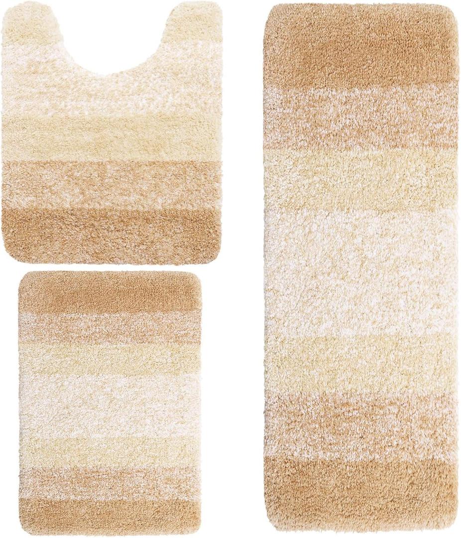 Arotive Microfiber Bathroom Rugs 3 Pieces, Bath Rug Size 24x16, 47x17 and Toilet Rugs Size 24x20 in Beige, 3 Item Bundle